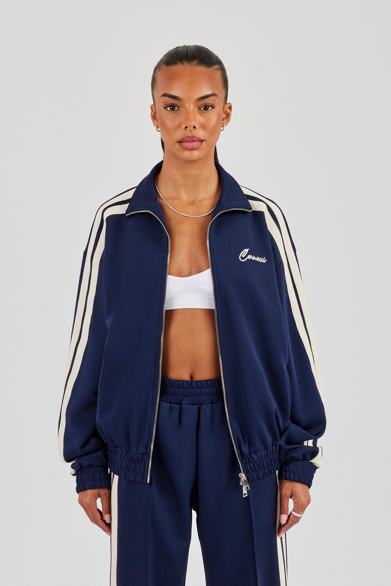 Funnel Neck Taping Zip Through Track Jacket - Navy Blue